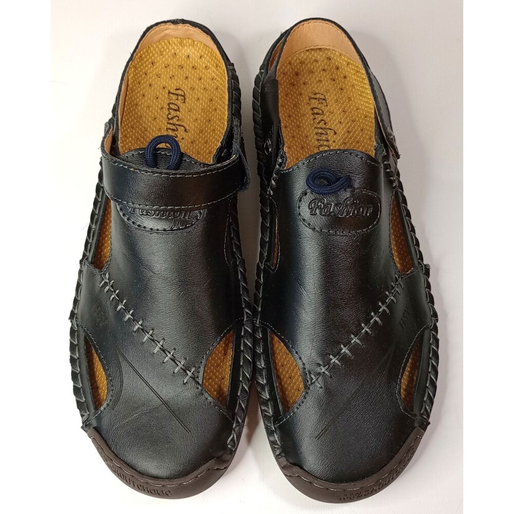 Men’s Leather Fisherman Sandals Closed Toe Walking Summer Shoes Black S 45